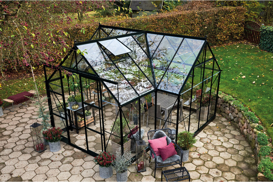ICON Gardenhouse 8 · 13.0 m² (8' x 12') Sort m/3 mm Hærdet Glas